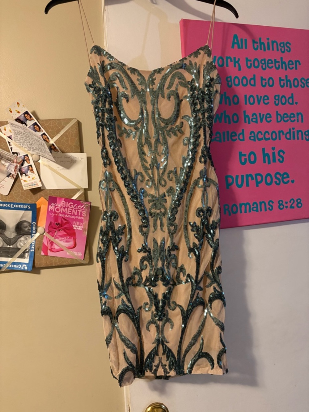 Windsor Nude Mini Dress with Teal Sequin Scrolls